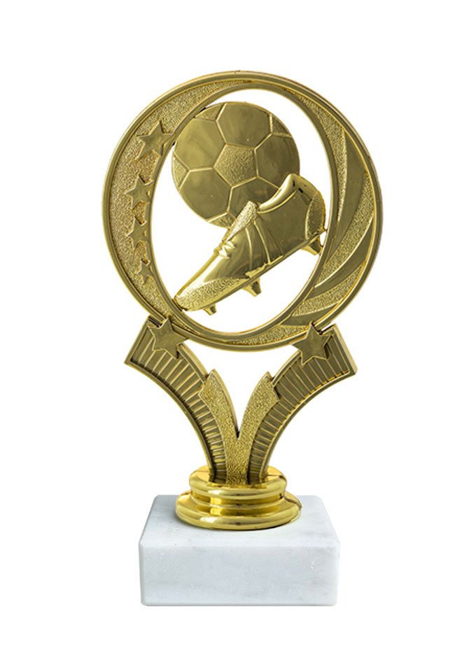 Trofeo deportivo silueta futbol con balon y zapatilla